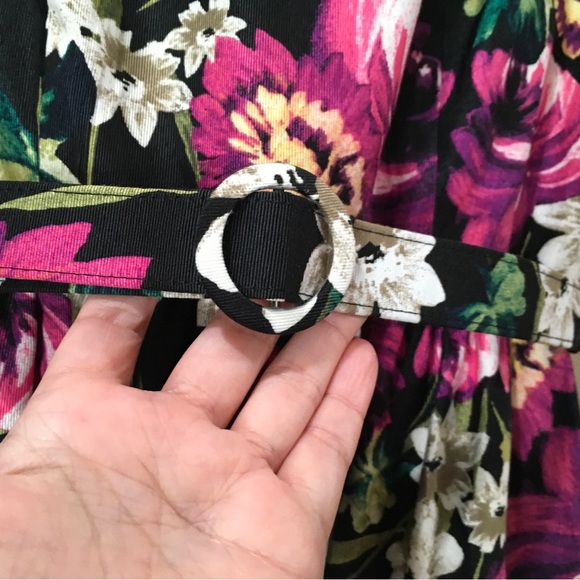Eliza J A Line Dress Womens 4 Black Purple Floral Belted Lined Sleeveless - Picture 7 of 9
